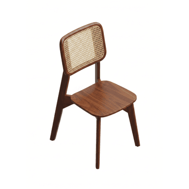 A contemporary dining chair featuring a solid wood frame with a rich walnut tone and a natural cane backrest. The design has a distinctive mid-century modern aesthetic with clean lines and subtly tapered legs. — 3D model (AI enhanced source)