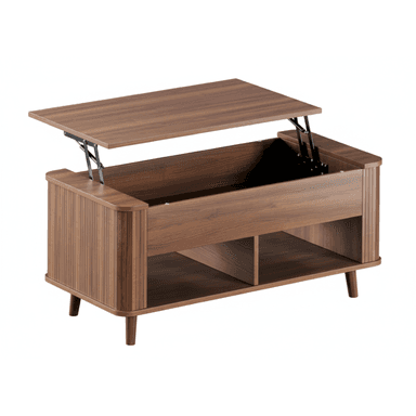 A brown lift-top coffee table with a slatted side panel design. The table features a main storage compartment accessible by lifting the top, which is supported by a mechanical lift mechanism. It stands on four tapered wooden legs. The lower section has two open shelving compartments. — 3D model (AI enhanced source)