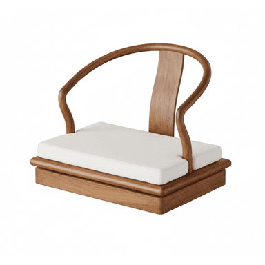 A low-profile lounge chair featuring a distinctive design inspired by Asian aesthetics, constructed from a warm-toned wood and complemented by a crisp white upholstered cushion. The chair's back and armrests are formed by a single, continuous curved wooden element that rises from the base. — 3D model (AI enhanced source)
