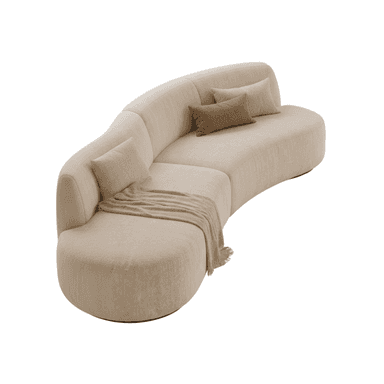 A large, modern, curved sectional sofa upholstered in a light beige, textured fabric. It features a continuous, gently curved backrest and armrest on one end, and an open end on the other, suggesting a modular design. The base is concealed, giving it a low-profile appearance. Several matching and contrasting throw pillows are placed on the seats, along with a light brown throw blanket. — 3D model (AI enhanced source)