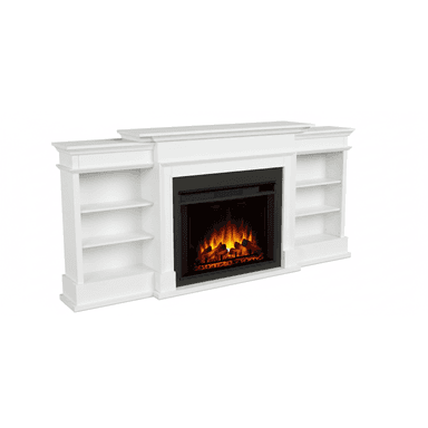 A freestanding electric fireplace console featuring a clean white finish, designed with a central electric firebox flanked by two open bookshelves. The unit includes a decorative mantel top and a sturdy base, presenting a blend of heating and storage functionality. — 3D model (AI enhanced source)