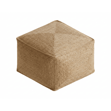A square-shaped pouf ottoman covered in braided natural jute. The top surface features stitched seams that create a segmented, symmetrical pattern, reflecting the cube form. Its earthy color and textured surface give it a natural, bohemian aesthetic. — 3D model (AI enhanced source)