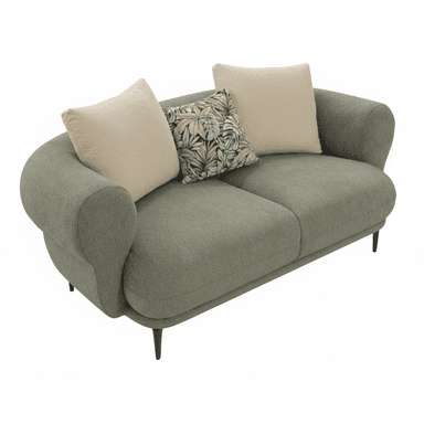 A contemporary two-seater loveseat with a rounded silhouette, upholstered in a textured sage green fabric, featuring tapered black legs and accompanied by three throw pillows. — 3D model (AI enhanced source)
