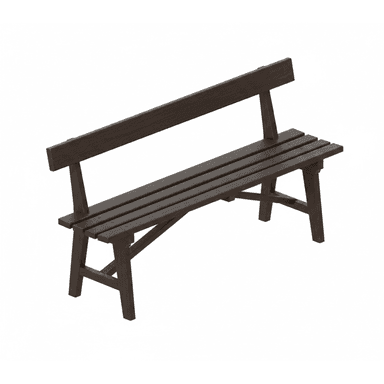 A dark brown wooden bench with a slatted seat and backrest, featuring a simple, robust design. It has four sturdy legs and is rendered against a white background. — 3D model (AI enhanced source)