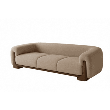 A modern three-seater sofa featuring a light beige, textured boucle upholstery. The sofa has a distinctive sculpted dark wood base that curves upwards to frame the lower part of the rounded armrests. The armrests flow seamlessly into the backrest, creating a soft, cohesive silhouette. The seat is composed of three defined cushions. — 3D model (AI enhanced source)