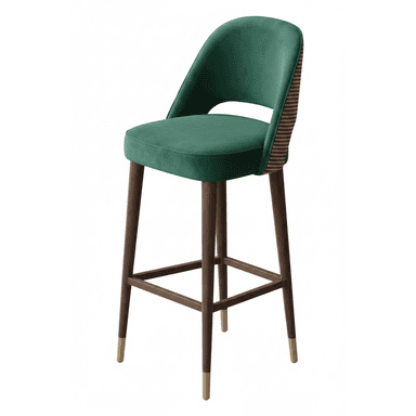 A contemporary bar stool featuring an emerald green velvet upholstered seat and a curved backrest with a woven cane pattern on the exterior. It stands on four tapered dark wood legs, connected by a rectangular footrest, and finished with brass ferrules at the feet. — 3D model (AI enhanced source)