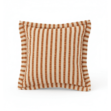 A square decorative throw pillow featuring a prominent vertical striped pattern in alternating shades of cream/beige and a warm rust/terracotta color. The fabric has a visible woven texture, giving it a tactile quality. The pillow is finished with a flanged edge, where the fabric extends beyond the main seam and is then sewn down, framing the central pattern. It appears to be new and in pristine condition, presented against a white background. — 3D model (AI enhanced source)
