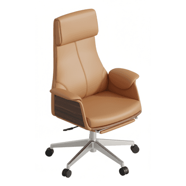 A modern high-back executive office chair featuring tan upholstered surfaces, distinctive dark wood paneling on the armrests, and a polished five-star base with casters. The chair has an integrated headrest and ergonomic contours designed for comfort and support. — 3D model (AI enhanced source)