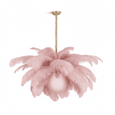 A modern decorative ceiling light fixture featuring numerous soft pink ostrich feathers arranged around a central pink spherical glass light source. The fixture is suspended by a textured golden rod and a matching golden ceiling canopy. — 3D model (AI enhanced source)