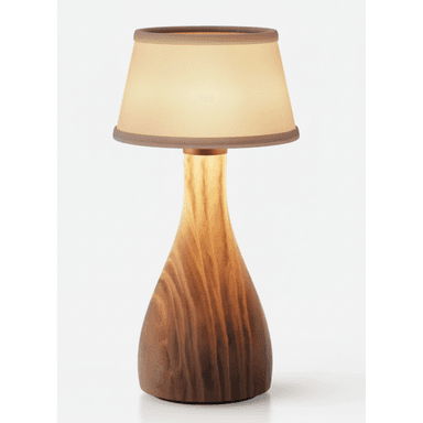A table lamp featuring a smooth, organically shaped wooden base with visible grain, topped with a conical fabric shade. — 3D model (AI enhanced source)