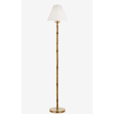A tall floor lamp featuring a slender, textured stalk designed to mimic bamboo, with polished brass accents and a circular base. It is topped with a classic white fabric empire shade. — 3D model (AI enhanced source)