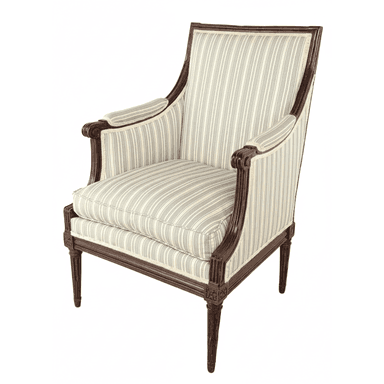 A traditional neoclassical-style armchair featuring a dark-stained carved wooden frame and light-colored striped upholstery. The chair has a tall, slightly angled back, padded armrests with scroll details, and tapered, fluted legs. The fabric features off-white and light gray vertical stripes. — 3D model (AI enhanced source)