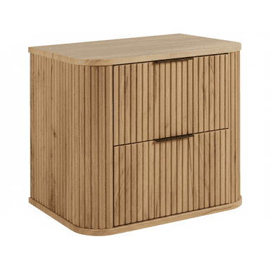 A compact, rectangular bedside cabinet or nightstand made of light-toned oak wood, featuring two drawers with integrated black bar handles. The front and side panels are adorned with a fluted or reeded texture, and the top and base edges are smoothly rounded. — 3D model (AI enhanced source)