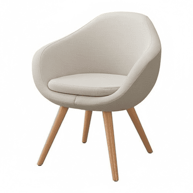 A contemporary accent chair featuring a rounded, tub-style upholstered seat and backrest, supported by four splayed wooden legs. The upholstery is a light beige or cream-colored fabric, and the chair includes a removable seat cushion. — 3D model (AI enhanced source)