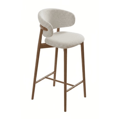 A modern bar stool featuring a light-colored, textured upholstered seat and a curved backrest that integrates seamlessly into a wooden frame. The frame consists of four tapered wooden legs, connected by horizontal stretchers that serve as footrests. — 3D model (AI enhanced source)