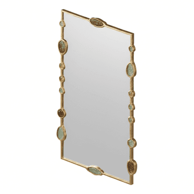 A rectangular wall mirror featuring a gilded metal frame adorned with irregularly shaped, gemstone-like inlays in varying shades of green and brown. The frame has a slightly textured, antique gold finish, and the inlays are set directly into the metal, appearing to be translucent or semi-translucent glass or resin elements. The overall design suggests an Art Deco or eclectic aesthetic. — 3D model (AI enhanced source)