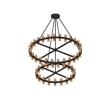 A two-tiered chandelier with a black metal frame and multiple clear cylindrical light shades. The chandelier has a central black canopy from which several black rods suspend the two circular tiers. Each tier is adorned with numerous evenly spaced light fixtures. The overall design suggests a modern or contemporary aesthetic. — 3D model (AI enhanced source)