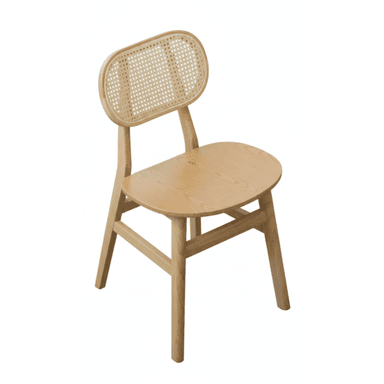 A light-toned wooden chair with a solid wooden seat and an oval-shaped backrest featuring a natural cane weave. The frame is constructed from solid wood with clean lines and slightly splayed legs. — 3D model (AI enhanced source)
