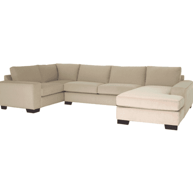 A contemporary L-shaped sectional sofa with a chaise lounge extension, upholstered in a neutral beige fabric. It features clean lines, wide track arms, plush seat and back cushions, and low-profile dark block feet. — 3D model (AI enhanced source)