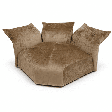 A low-profile, plush lounge chair characterized by a wide, deep seat and three separate, loose back/arm cushions. It is upholstered in a textured, light brown or taupe velour fabric, suggesting comfort and a contemporary aesthetic. The design hints at modularity. — 3D model (AI enhanced source)