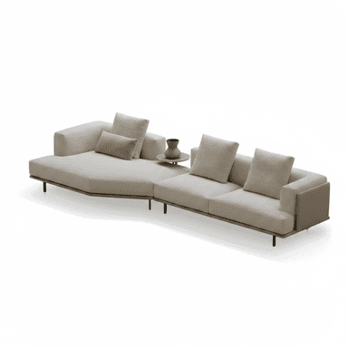 A contemporary modular sectional sofa featuring a chaise lounge section, a two-seater section, and an integrated circular side table. The sofa is upholstered in a textured cream-colored fabric and supported by slender dark metal legs. — 3D model (AI enhanced source)