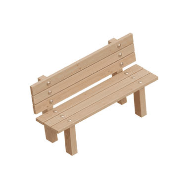 This is a simple, contemporary outdoor bench constructed from light-colored wooden slats and robust rectangular wooden posts, fastened with visible metal hardware. The design features a slatted seat and a slightly angled slatted backrest, supported by two sets of post legs. The natural wood grain is prominent, suggesting a natural finish that highlights the material's inherent beauty. — 3D model (AI enhanced source)