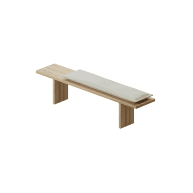 A minimalist wooden bench featuring a light-colored, rectangular cushion. The bench is constructed from light-toned wood with two solid plank legs supporting a long, flat top surface. — 3D model (AI enhanced source)