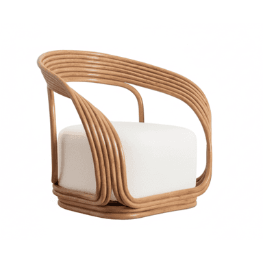 This is a contemporary armchair featuring a distinctive frame crafted from multiple curved rattan rods, creating a fluid, sculptural silhouette for the back and armrests. The seat is a plush, square-shaped cushion upholstered in a light-colored, textured bouclé fabric. The rattan frame extends around the base, providing stability and a cohesive design. The chair appears to be a single seating unit, designed for comfort and aesthetic appeal. — 3D model (AI enhanced source)