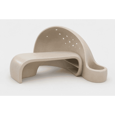A unique, organically shaped bench with a curved backrest featuring star-shaped cutouts. The bench has a smooth, monolithic appearance and a light tan color. It is designed for outdoor or public space use, with a durable and sculptural form. — 3D model (AI enhanced source)