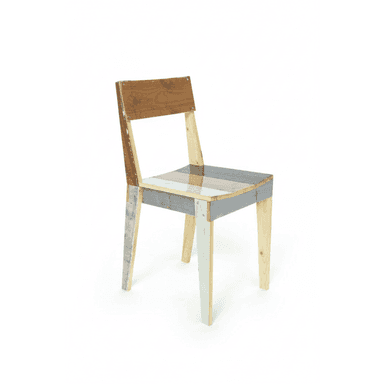 An armless side chair constructed from various pieces of reclaimed or repurposed wood, exhibiting a patchwork aesthetic. The chair features a rectangular backrest and a flat seat, with some wood pieces retaining a natural finish and others painted in distressed shades of grey, white, and light blue. It has a simple, straight-legged design with visible fasteners. — 3D model (AI enhanced source)