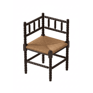 A dark brown stained wooden corner chair featuring extensive bobbin turning on its frame, backrest, and legs. The seat is constructed from tightly woven natural rush material, providing a textured contrast to the smooth, turned wood. Its unique corner-fitting design suggests placement in a room's angle. — 3D model (AI enhanced source)