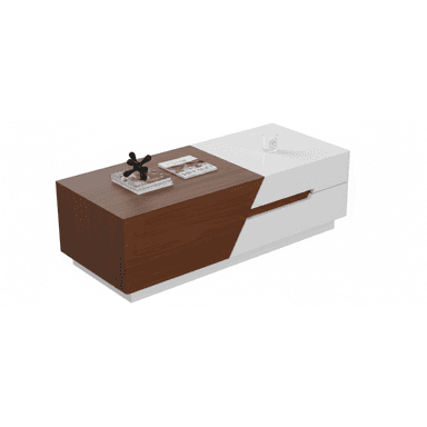 A modern, rectangular coffee table with a two-tone design, featuring a dark wood-look section and a white high-gloss section with integrated storage drawers, all resting on a recessed plinth base. — 3D model (AI enhanced source)