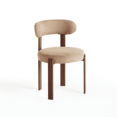 An armless chair featuring a circular, upholstered seat and a separate, curved, upholstered backrest. The frame and legs are crafted from dark-finished solid wood, providing a minimalist and contemporary aesthetic. The upholstery is a light beige, textured fabric. — 3D model (AI enhanced source)