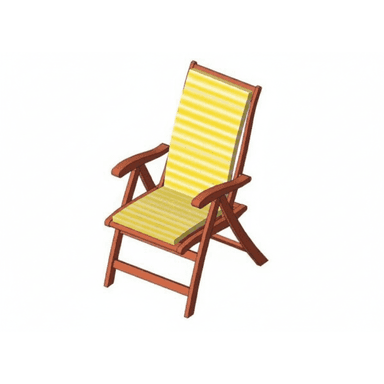 An illustrated image of a folding lounge chair with a light brown wooden frame and armrests. The seat and backrest are upholstered in a yellow and white striped fabric, stretched tautly across the frame. The chair's design suggests a portable and reclined seating option. — 3D model (AI enhanced source)