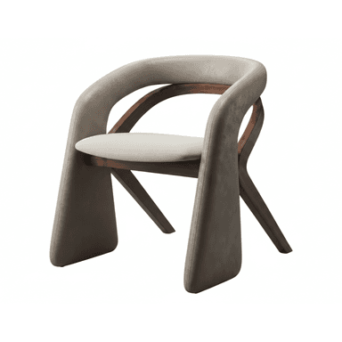 A contemporary dining armchair featuring a unique sculptural design. The chair consists of a curved backrest and integrated armrests, fully upholstered in a greige material, which creates an enveloping shape. This upholstered shell rests upon and is supported by an exposed, dark-stained wooden frame that forms the splayed legs. A contrasting, lighter cream-colored upholstered seat cushion provides additional comfort. The design emphasizes fluid lines and a sophisticated blend of materials. — 3D model (AI enhanced source)