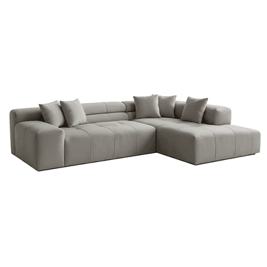 An L-shaped modern sectional sofa, upholstered in a light gray material, likely a smooth fabric or leather. The sofa features a low-profile design with wide, blocky arms and backrests. The seating surfaces and backrests exhibit a subtle channel tufting or stitched detailing, adding texture and defining individual cushions. An integrated chaise lounge extends from one end, offering ample reclining space. The sofa is supported by a recessed base, giving it a floating appearance. Several matching throw pillows are distributed across the sofa. — 3D model (AI enhanced source)
