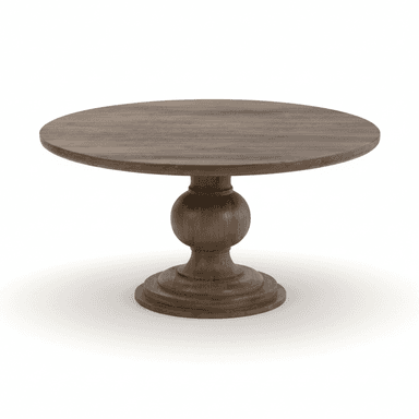 A round wooden table featuring a thick, turned pedestal base and a dark, natural wood finish. — 3D model (AI enhanced source)