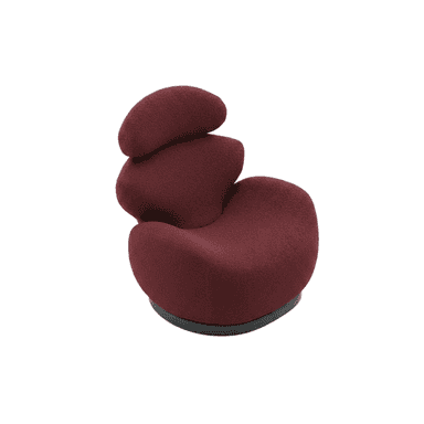A postmodern sculptural lounge chair, upholstered in a deep burgundy, textured fabric. The design features multiple organic, rounded forms stacked vertically, creating a fluid and continuous shape without distinct arms or backrest separations. It rests on a dark, circular, flat base. — 3D model (AI enhanced source)