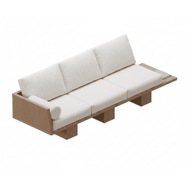 A modern three-seater sofa featuring a distinctive light wood platform frame and off-white upholstered cushions. It includes an integrated side table extension on one end, and a wooden armrest with a bolster on the other. — 3D model (AI enhanced source)