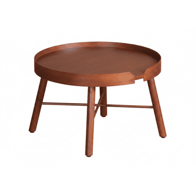A round, wooden side table with a tray-style top featuring a raised lip and a small cutout. It stands on three splayed legs reinforced by a lower crossbar. — 3D model (AI enhanced source)