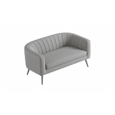 A light grey upholstered loveseat featuring a channel-tufted backrest and rounded arms. The piece is supported by four slender, angled gold-finished metal legs, giving it a modern and elegant appearance. The seating area consists of a single, continuous cushion. — 3D model (AI enhanced source)