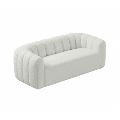 A contemporary three-seater sofa featuring a distinctive channel-tufted design on its backrest and inner arms, upholstered in an off-white bouclé fabric. The sofa has a rounded, sculptural silhouette with a low profile and recessed feet, presenting a soft and inviting texture. — 3D model (AI enhanced source)
