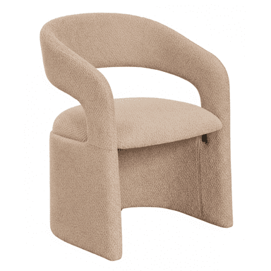 A contemporary accent chair upholstered in a textured, light beige boucle fabric. The chair features a distinctive curved backrest and integrated armrests that seamlessly flow into a wide, solid base, giving it a monolithic and sculptural appearance. The entire structure is covered in the same textured fabric, presenting a soft and inviting aesthetic. There are no visible distinct legs, as the base forms the primary support. — 3D model (AI enhanced source)