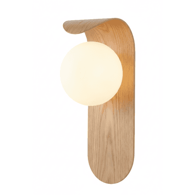 A modern wall sconce featuring a curved, bentwood backplate that partially wraps around a spherical opal glass diffuser. The wooden element has a light natural finish, showcasing the wood grain, and provides a minimalist, sculptural form while subtly diffusing light. The overall aesthetic is clean and contemporary. — 3D model (AI enhanced source)