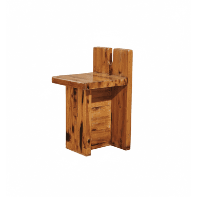 A blocky, primitive-style chair constructed from thick planks of light-colored, rustic solid wood. It features a low, U-shaped backrest and a square seat, supported by a robust, enclosed base. The wood displays prominent grain, natural knots, and darker inclusions, finished with a clear varnish. — 3D model (AI enhanced source)