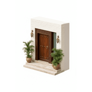 An intricately designed front entrance featuring a dark brown wooden door set within a deeply carved, matching wooden frame. The door itself is adorned with decorative brass studs and a prominent brass knocker. Flanking the door are two elegant brass wall sconces, providing illumination. The entire assembly is recessed into a light beige, textured stone wall, with a small stepped stone entrance leading up to it. Two potted palm plants are strategically placed on either side of the steps, adding a touch of greenery. — 3D model (AI enhanced source)