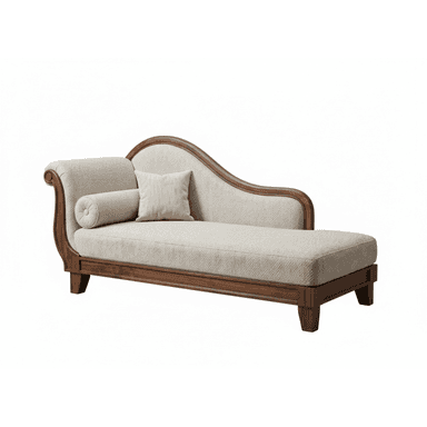 An elegant chaise lounge featuring a visible dark wood frame and light-colored textile upholstery. It has a high, curved backrest and a single rolled armrest on the left, with the right side open. The piece rests on short, tapered block feet and includes two matching decorative cushions: one square and one bolster. — 3D model (AI enhanced source)