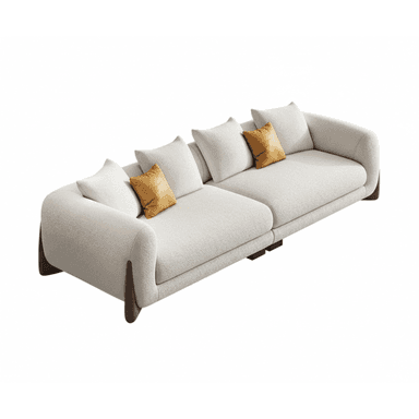 A contemporary modular sofa composed of two sections, upholstered in a cream/off-white bouclé fabric, featuring rounded track arms and distinctive dark wood supports. — 3D model (AI enhanced source)