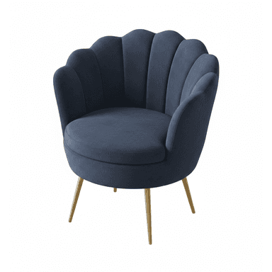 A contemporary accent chair featuring a distinctive scalloped backrest upholstered in plush navy blue velvet. The chair has a barrel-like form with a rounded seat and is supported by four slender, tapered metal legs with a polished gold finish. — 3D model (AI enhanced source)
