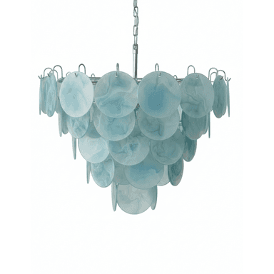 A ceiling-mounted chandelier featuring multiple tiers of circular, flat discs in a blue and white marbled pattern, suspended from a chrome or polished metal frame and chain. — 3D model (AI enhanced source)